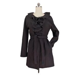 Cynthia Rowley Wool Cardigan Sweater L Brown Jacket Duster Ruffle Whimsigoth